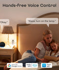 Mother reading to child with lamp voice-activated by Smart Plug Duo 2 Pack with 2.4GHz WiFi Fire Resistant Schedule and Timer No Hub Needed Works with Alexa and Google Assistant Compact Outlet Slots Remotely Control Lights and Appliances