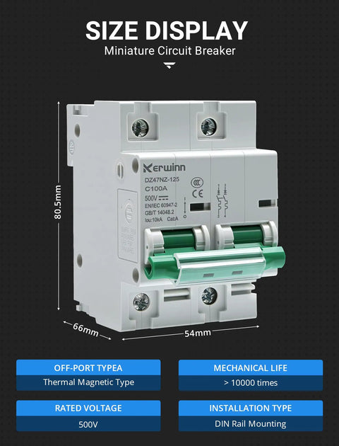 Non Polar DC Circuit Breaker 500V 2 Pole 125A DZ47NZ 125 2P DIN Rail Mount for Marine Power Systems and Solar PV Setups