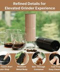 Portable Electric Coffee Grinder With Thirty Plus Burr Settings And Seven Precision Blades For Quick Even Grinds on a kitchen counter with coffee.