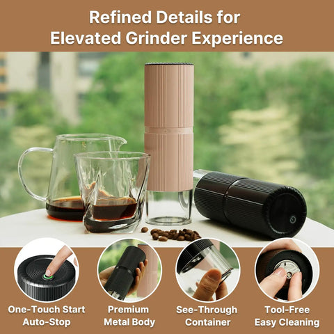 Portable Electric Coffee Grinder With Thirty Plus Burr Settings And Seven Precision Blades For Quick Even Grinds on a kitchen counter with coffee.