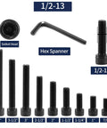 Built Tough 1/2-Inch Socket Head Cap Screws Deliver Rock Solid Grip With A Slick Black Oxide Finish, includes hex spanner.