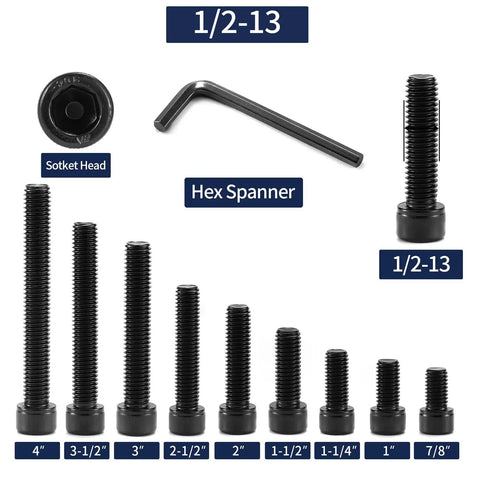 Top Notch 10 Pack 1/2 13 X 2 1/2 Socket Head Cap Screw Bolts 304 Stainless Steel showing various sizes and hex spanner.