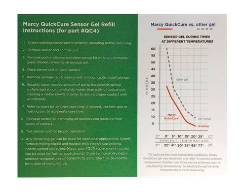 Instructions and chart for Marcy QuickCure sensor gel refill, comparing curing times at various temperatures.