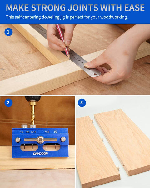 Heavy Duty 2.1 Inch Self Centering Dowel Jig Kit With Universal Capacity Doweling Jig and Drill Guide in use for woodworking