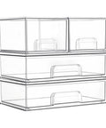 Stackable Storage Drawers Set Of 4 Clear Plastic Organizer Bins for bathroom vanity, pantry, and laundry room organization.