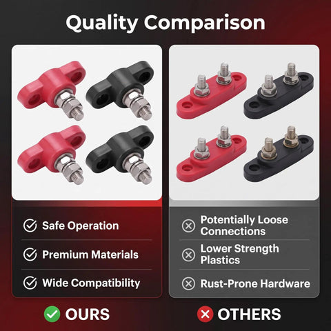 Battery Power Distribution Terminal Blocks Set Red and Black Insulated Ground Junction Posts with Single Studs for Cars and 12V 24V Systems Heavy Duty Durable Plastic Base Stainless Steel Bolts Brass Gaskets for Neat Wiring, quality comparison