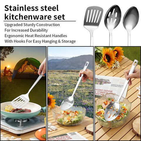 All In One Camping Kitchen Set With Stainless Steel Tongs Slotted Spatulas Spoons Chef Knife Kitchen Shears Bottle Opener Peeler And Spice Bottles Plus A Chopping Board And Four Plastic Plates For Outdoor Cooking On The Go Picnics And BBQ in outdoor setting with spatulas in use.