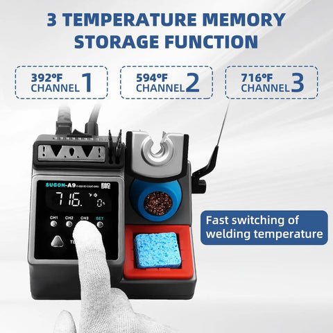 Pro Grade 120W Soldering Station With 2 Second Heat Up To 716F, LCD Digital Display showing 3 memory presets