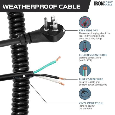 Super Heavy Duty Coiled Extension Cord Retracting Power Cable 5 Foot Black Flat Plug with weatherproof features and pure copper wiring.