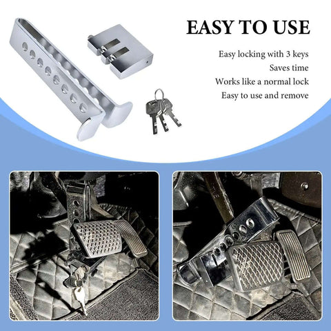 Eight Hole Brake Pedal Lock Tough As Nails Stainless Steel Auto Clutch Vehicle Security Lock with keys showcasing installation