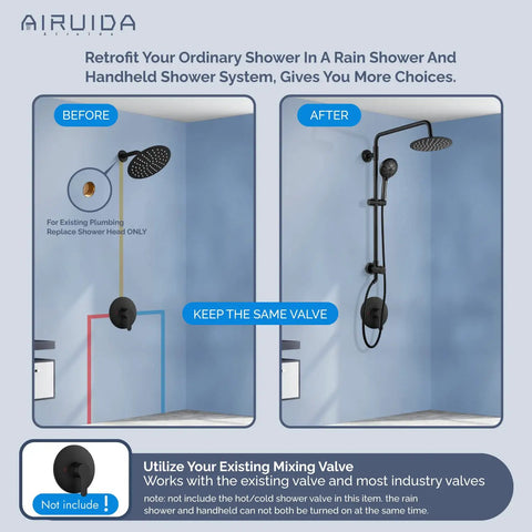 Before and after image of Matte Black Retrofit Shower System With 8 Inch ABS Rain Shower Head And 5 Function Handheld Shower.