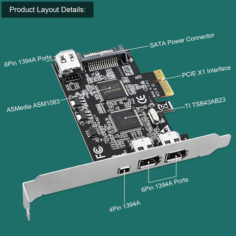 High Speed Firewire 400 PCIe Expansion Card With Four 1394A Ports, 3x 6Pin And 1x 4Pin, Includes Cables And Low Profile Bracket, Works With Windows And Mac OS, TI TSB43AB23 Chipset For Smooth Video Transfer., PCIe x1 FireWire card with 6-pin and 4-pin 1394A ports