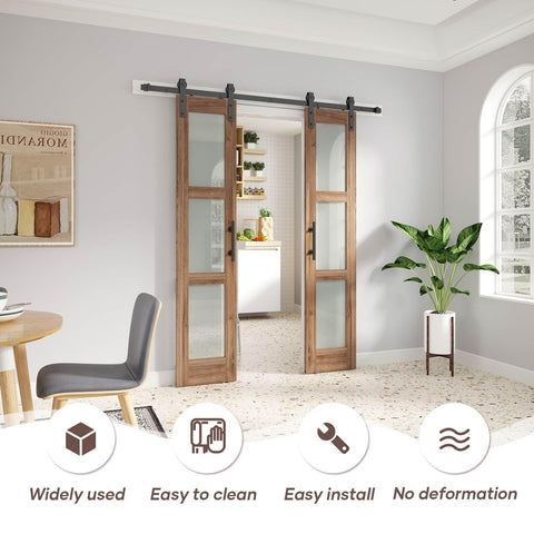Double 18 By 84 Inch Glass Barn Doors With 36 Inch Opening, 6.6 Ft Beefed-Up Hardware Kit And Handle Included, installed view