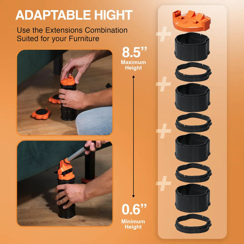 Heavy Duty Furniture Lifter And Moving Kit Lift And Glide Couches Beds And Appliances No Back Strain Move Easy Four Roller Sliders Each 660 Lbs Adjustable Height Lifter Carpet Adapters For All Floor Types showing adjustable extension combination.