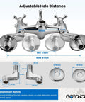 Clawfoot Bathtub Faucet Tub Filler With Handheld Shower Set Victorian Double Cross Handle 6 Inch Center Adjustable Swing Arms Tub Mount, polished chrome, displayed with installation dimensions.