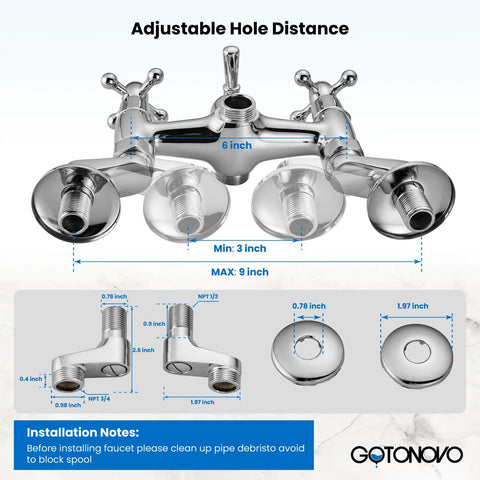 Clawfoot Bathtub Faucet Tub Filler With Handheld Shower Set Victorian Double Cross Handle 6 Inch Center Adjustable Swing Arms Tub Mount, polished chrome, displayed with installation dimensions.