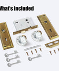 Crystal Glass Mortise Lock Set With Antique Brass Finish Interior Door Knobs And Skeleton Key For Old School Style Doors.