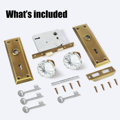 Crystal Glass Mortise Lock Set With Antique Brass Finish Interior Door Knobs And Skeleton Key For Old School Style Doors.