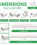 Dimensions and components of 3in 25ft Decorative PVC Line Set Cover Kit for ductless mini split central AC and heat pump systems.