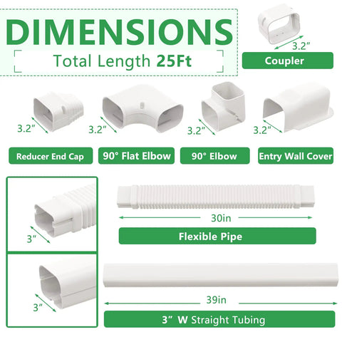 Dimensions and components of 3in 25ft Decorative PVC Line Set Cover Kit for ductless mini split central AC and heat pump systems.