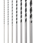 Seven-piece set of extra-long brad-point wood drill bits, 12-inch long, carbon steel (front view)
