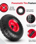 Features of 4.10/3.50-4 Tire And Wheel Set, including dual-sealed bearings, nonslip groove, and air inflation for hand trucks