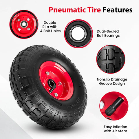 Features of 4.10/3.50-4 Tire And Wheel Set, including dual-sealed bearings, nonslip groove, and air inflation for hand trucks