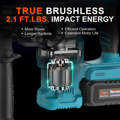 Close-up of the 20V Cordless SDS-Plus Rotary Hammer Drill with Brushless Motor showing internal parts and battery placement.