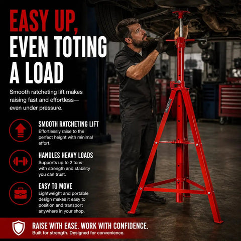Rock Solid Heavy Duty Underhoist Tripod Stand Offering High Lift Clearance And 2 Ton 4000 Lbs Capacity For Auto Shops and Garage Mechanics, in use lifting an engine with smooth ratcheting lift.