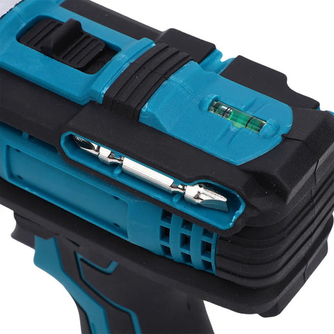 Close-up of Smooth Operator Brushless Cordless Drill Driver showing battery compartment and built-in level for precision work.