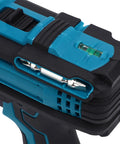 Close-up of the Badass 21V Cordless Drill Driver with brushless motor, level, and integrated bit holder for DIY projects.
