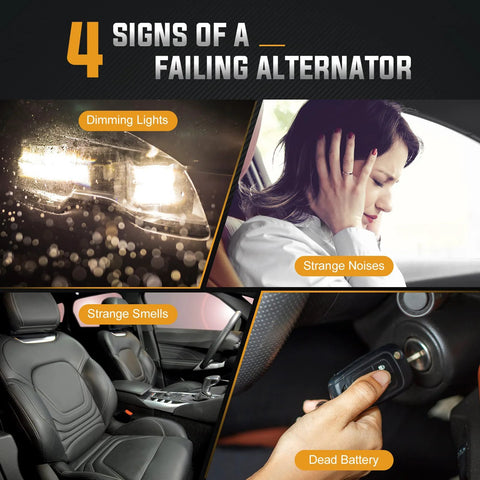 Image showing four signs of a failing alternator: dimming lights, strange noises, strange smells, and dead battery.