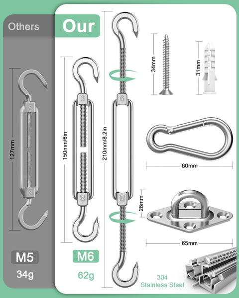 Heavy Duty Stainless Steel Shade Sail Hardware Kit 6 Inch Fittings 44 Pieces For Triangle And Rectangle Canopies All Weather Rustproof