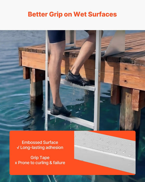 Flip-Up Dock Ladder 4-Step Heavy-Duty Aluminum Swim Ladder For Boats And Pontoons 350 Lb Capacity Non-Slip Wide Steps Pull Rope Assist Perfect For Lake Pool And Marine Boarding, embossed step grip
