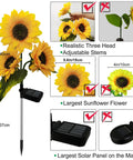Diagram showing two pack sunflower solar lights outdoor decor with 3 LED yellow flowers, adjustable stems, and upgraded solar panel.