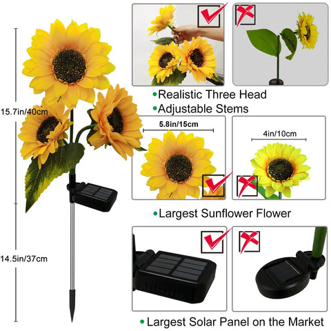 Diagram showing two pack sunflower solar lights outdoor decor with 3 LED yellow flowers, adjustable stems, and upgraded solar panel.