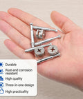 25 Piece Furniture Cam Lock Bolts And Screws With Eccentric Cams Self Tapping Pins displayed in hand for easy assembly of cabinets.