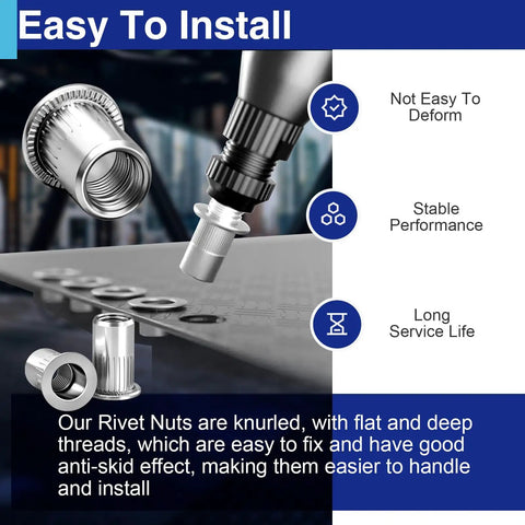 1/4-20 Aluminum Rivet Nuts Set With Threaded Inserts Rivnuts UNC Nutserts, shown installed in metal panel, easy installation features.