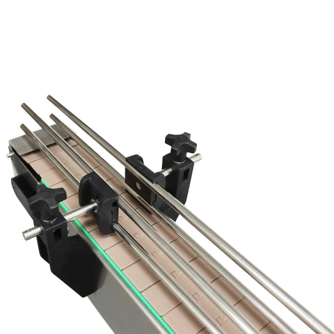 Close-up of Adjustable Height And Speed Chain Plate Conveyor Belt For Bottles In Assembly Line 73.62 Inch Long 3.94 Inch Wide 110V