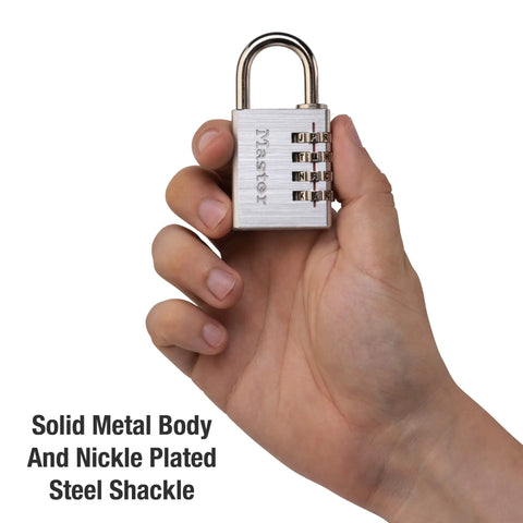 Hand holding Set Your Own Four Letter Locker Lock 1 9/16 Inch Wide Indoor Padlock with solid metal body and nickel plated shackle