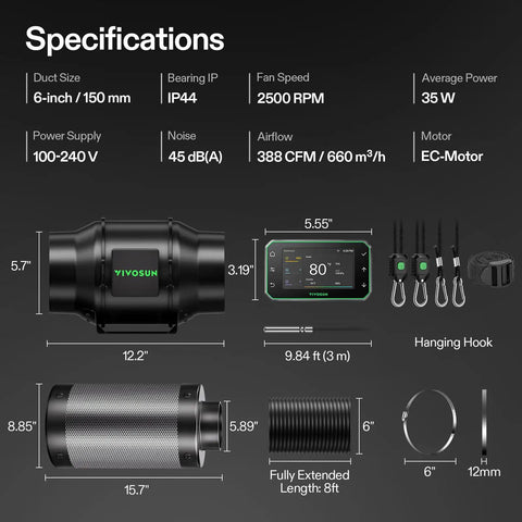 Specifications of All-In-One Smart Air Filtration Pro G6 Kit With 6-Inch Inline Duct Fan And GrowHub E42A WiFi Controller