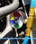 Close-up of R134A Air Conditioning Refrigerant Charge Hose Kit with Pressure Gauge and One Half Inch Self Sealing Valve U Charge Hose.