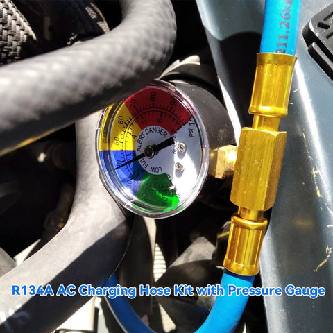 Close-up of R134A Air Conditioning Refrigerant Charge Hose Kit with Pressure Gauge and One Half Inch Self Sealing Valve U Charge Hose.