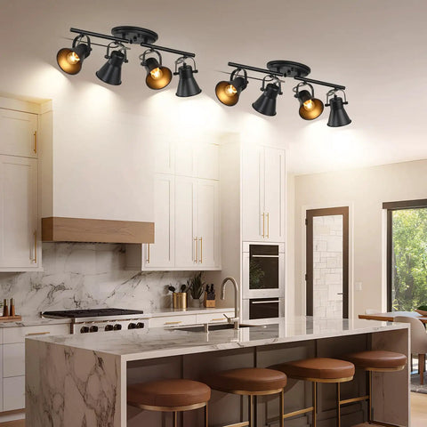 Plug In Four Light Track Lighting Fixture In Industrial Black With Long 14.7 Foot Wire in a modern kitchen setting