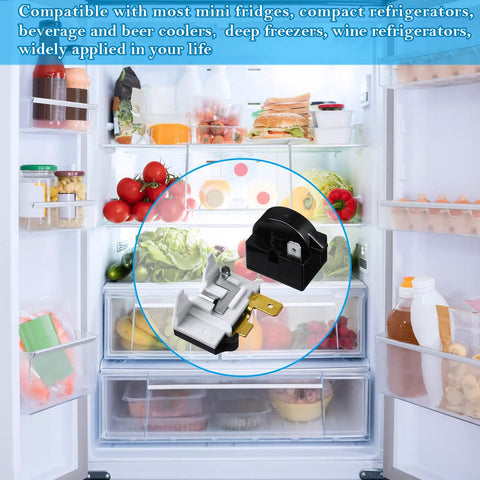 QP2-4.7 PTC Starter Relay 1 Pin Refrigerator Start Relay With 6750C-0005P Overload Protector in front of an open fridge