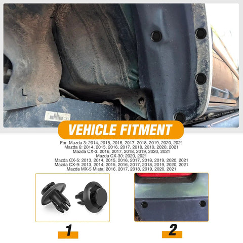 Image showing the Mazda Front Fender Liner Fastener Kit With 60 Pcs Hex Head Screws Nylon U Nuts And Push Rivet Clips for Mazda vehicles.