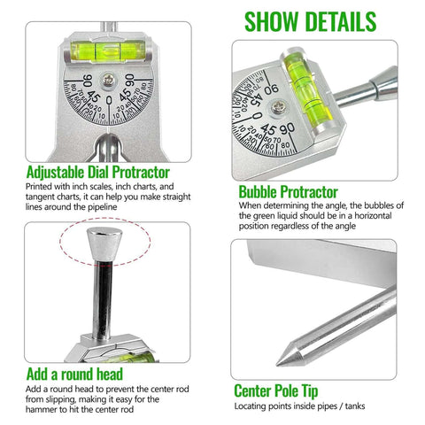 Upgraded Pipe Center Finder with adjustable dial protractor and bubble level; includes round head and center pole tip