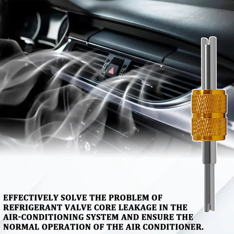 Seventeen Piece Air Conditioning Valve Core Kit For R12 And R134a HVAC Systems With Valve Core Removal Tool displayed on a car dashboard