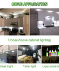 Under Cabinet LED Puck Lighting Kit With Black Cover And Touch Dimmer Switch For Kitchen Cupboard And Closet Lighting 6 Lights Daylight White 12V UL Listed Slim Flat Puck Design shown in various home and retail settings.