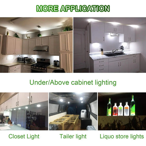 Various installations of LED Under Cabinet Puck Lights Kit With Touch Dimming in kitchen, closet, mobile, and store environments.
